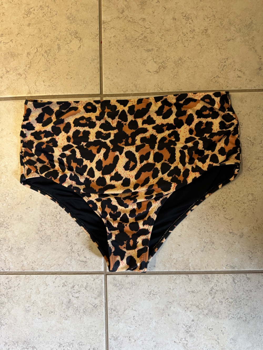 High-Waist Leopard Print Bikini Bottoms - Black/Tan
